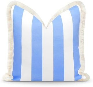 Hofdeco Premium Coastal Patio Indoor Outdoor Pillow Cover Only, 20"x20" Water Repellent for Backyard, Couch, Cornflower Blue Stripe Fringe