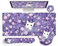 LIMKRIAN Purple Mouse Pad Large Desk Mat Set, Kawaii Cat Computer Mouse Pad with Wrist Rest Keyboard Wrist Support XXL Mousepad Cup Coaster Set, Cute Purple Office Desk Accessories Cat Decor Supplies