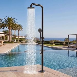 TRIPHIL Freestanding Outdoor Shower Kit, Marine Grade 316 Stainless Steel Poolside Shower with Rainfall, Handheld Spray & Foot Rinse, Floor-Mounted Backyard Fixture for Pool Garden Beach, Matte Black