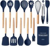 Country Kitchen Non Stick Silicone Utensil Set with Rounded Wood Handles for Cooking and Baking, 14 Piece Set, Navy