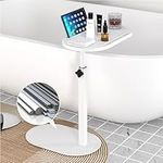 Forevich Bamboo Bathtub Tray Table Bath Side Table with Metal Base Adjustable Height, Portable Freestanding Caddy Tray Tub Shelf for Luxury Bath Home Spa White Table and White Base