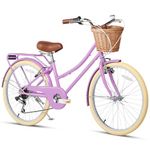 Glerc Missy 24" inch Girl Cruiser Kids Bike 6-Speed Teen Hybrid City Bicycle with Rack for Youth Ages 7 8 9 10 11 12 13 14 Years Old Wicker Basket & Lightweight, Purple