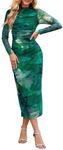 MEROKEETY Women's 2024 Long Sleeve Tie Dye Dress Bodycon Mock Neck Mesh Ruched Cocktail Maxi Dresses, Green, XL