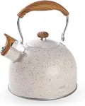 Tea Kettle, BELANKO 85 OZ / 2.5 Liter Whistling Tea Kettle, Tea Pots for Stove Top Food Grade Stainless Steel with Wood Pattern Folding Handle, Loud Whistle Kettle for Tea, Coffee, Milk - Cream White