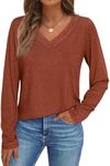 AUTOMET Long Sleeve T Shirts for Women Lace V Neck Casual Cute Tops Loose Fit Fall Winter Basic Clothing, Maple, S