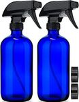 Empty Blue Glass Spray Bottles (2 Pack) - BPA Free, Lead Free - Large 16 oz Refillable Bottle for Plants, Pets, Essential Oils, Cleaning Products - Black Trigger Sprayer w/Mist and Stream Settings