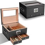 CIGARLOONG Cigar Humidor Box for 35-50 Cigars, Glass Top Visible Natural Cedar Cigar Case with Front Digital Hygrometer, Humidifier and Accessory Drawers, Gift for Men(Black)