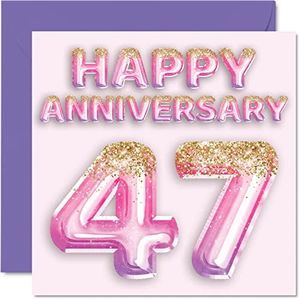 Pretty 47th Anniversary Card for Wife Girlfriend Husband Boyfriend - Pink Purple Glitter Balloons - Happy 47 Anniversary Cards from Family, 145mm x 145mm Greeting Cards for Forty-Seventh Anniversaries