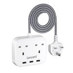 LENCENT Mini Extension Lead with 3 USB Port, 2 Way Outlets Power Strip with 3 USB Slots, Multi Plug Power Extension with 1.8M Braided Extension cord for Home Office Travel (13A 3250W)