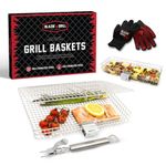 Blazin' Grill Grill Baskets for Outdoor Grill | 2x Grilling Baskets with Detachable Handle | Barbecue Grill Set with BBQ Gloves | Portable Camping Net Rack Perfect for Vegetables, Seafood & Meat |