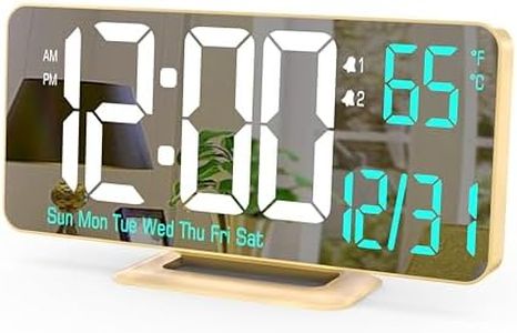 KOSUMOSU Dual Alarm Clock 6.7in Gold Desk Clock with Dimming, 12/24h, Seconds, Date, Day of Week, Temp, Digital LED Clock for Bedroom, Digital Calendar Clocks for Living Room Gold Desk Accessories