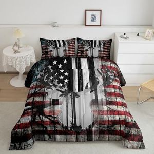 Feelyou American Flag Deer Antlers Bedding Set Hunting Camping Comforter Set for Kids Boys Girls USA Flag Comforter Tree Branch Inner Fill Duvet Set 1 Comforter Set with 2 Pillowcases King Size
