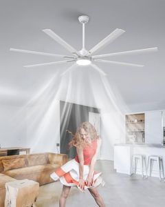 72 Inch Large Industrial Ceiling Fan with Light and Remote-8 Aluminium Blades Ceiling Fan with Energy Efficient DC Motor, Reversible Airflow-Ideal for Living Room,Patio,Garage,Commercial Spaces, White