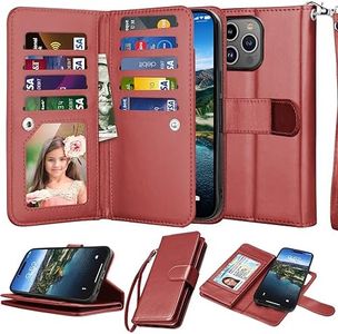 Njjex Wallet Case for iPhone 15 Pro 6.1" 2023, for iPhone 15 Pro Case, [9 Card Slots] PU Leather ID Credit Holder Folio Flip [Detachable] Kickstand Magnetic Phone Cover & Lanyard [Wine Red]