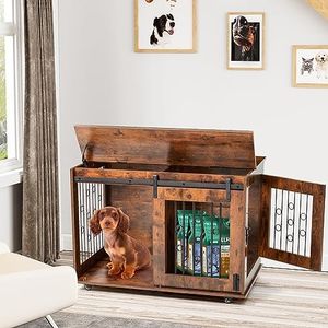 Dog Crate Furniture with Sliding Barn Door,39" Wooden Dog Kennel End Table with Wheels and Flip-top Plate Dog House with Detachable Divider