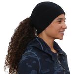 TrailHeads Women’s Merino Wool Beanie - Ponytail Winter Hat for Runners, Black, One Size