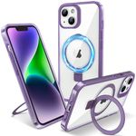 Flyzoo Magnetic Kickstand Case for iPhone 13/14, [Compatible with MagSafe & Invisible Ring Stand Holder] [Non-Yellowing & Shockproof] Clear Transparent Hard Silicone Edge Cover, 6.1'', Clear Purple