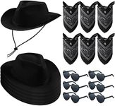 Newcotte 18 Pcs Western Cowboy Plastic Hat Set Include 6 Hats 6 Paisley Bandanas 6 Pairs Heart Style Glasses for Party(Black)