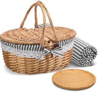 Gandeer Picnic Basket with Blankets and Bamboo Plates Picnic Supplies Set Basket with Lid and Handle Wicker Picnic Basket Sturdy Woven Body with Washable Lining for Camping(Grey)