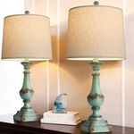 PORTRES 24.5" Table Lamp Set of 2 for Living Room Bedside Nightstand Lamps for Bedroom Kids Room Study Room Office Rustic Table Lamps Resin Green