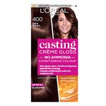 L'Oreal Paris Ammonia Free Semi-Permanent Hair Dye, 400 Dark Brown, Glossy Hair Colour, Natural Looking Finish, For up to 28 Shampoos, Casting Crème Gloss, 1 Application