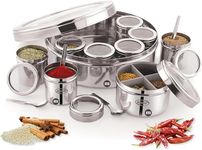 MARU 12 IN 1 Spice Box Stainless Steel with Middle Container Partitions | Masala Dabba Steel Masala Box For Kitchen Steel | Masala Dani For Kitchen See Through Lid (Size 13 Large 21.5cms) Silver