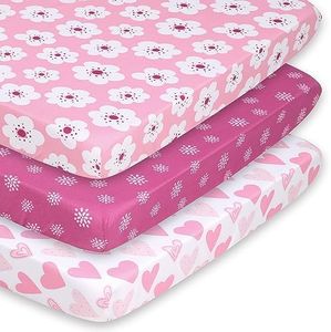 The Peanutshell Mini Crib Fitted Sheets Set for Girls, Playard, Pack Play Sheets, Playpen, Pink Floral Hearts