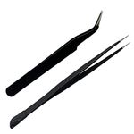 2 PCS Nail Art Tweezers, Straight and Curved Tip Tweezers Rhinestone Stickers Picker Pointed Tweezers for Craft, Makeup Tools - Black