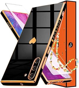 Shorogyt (3in1 Heart Case for Samsung Galaxy Note 10 5G/4G 6.3 Inch Women Cute Aesthetic Love Hearts Pattern Girls Black Gold Luxury Girly Design Cases Trendy Cover+Screen+Chain for Note10 Note10 5G