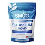 SMUG Supplements Potassium Tablets - 120 High Strength 200mg Pills - Contributes to Normal Blood Pressure, Muscle Function, Nervous System and Electrolyte Balance - Vegan Friendly - Made in Britain