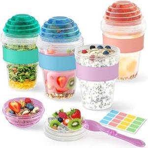 4 Pack Yogurt Parfait Cups with Lids Reusable, 20 oz Plastic Overnight Oats Containers To Go with Lids, Spoons and Divided Compartment for Fruit & Nuts, Great for Oatmeal, Snack, Breakfast Prep