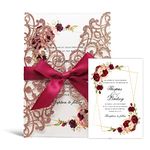 WISHMADE Rose Gold Laser Cut Glitter Wedding Invitations Cards with Envelopes Ribbon, Luxury Floral Blank Inner Sheet Customized Invites for Engagement Quinceanera Bridal Shower Birthday Anniversary