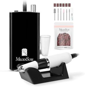 MelodySusie Professional Nail Drill - 30000 rpm Rechargeable Portable Nail Drills with 6 Bits and 106 Sanding Bands, Cordless Electric Nail File Machine for Acrylic Gel Nails Shape Carve Polish, Black