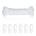 Flag Pole Rope with 6 PCS Flag Pole Clips, 20M Thick Nylon Flagpole Rope Flag Poles Halyard Rope Kit Tree Swing Ropes 6mm Nylon Cord for Outdoor Sailboat Garden Camping (White)