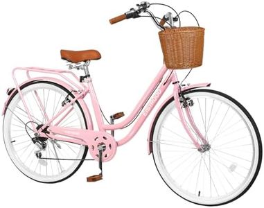 kaiwrxin 26 Inch Women's Cruiser Bike, 7-Speed Adult Bicycle Duable Bar Featuring Convenient Basket & Rack, Perfect City Bike for Commuting, Leisure, and Stylish Comfortable Rides (Pink)