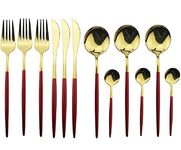 NAIDEV 12 PCs Golden Flatware, Silverware Set Cutlery Set Stainless Steel Tableware Kitchen Set Dinnerware Spoon Fork Knife Dinner Set Utensils Set (red, 12)