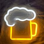 Neon Beer Signs for Man Cave|Battery Operated& USB Powered|White & Yellow|Beer Mug Light up Sign|Gifts for husband|LED Wall Art Décor Beer Neon lights for Garage Patio Home BAR Café Pub Nightclub