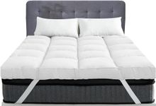 Linens World Mattress Topper Double Bed 10cm Thick | Quilted, Super Soft Microfiber Topper | 1200GSM Fiber Fill Anti Allergy, Washable Topper Fits with Elastic Straps For Extra Comfort (137X190CM)