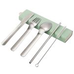 Exzact Cutlery 5pcs - Spoon Fork Knife Straw Cleaning-Brush in a Carry Case, 18/10 Stainless Steel, Portable Travel Camping- Korean Japanese Bento - Dishwasher Safe