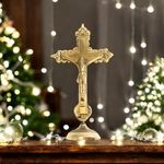 ATRANGEE Bystreet artisans Pure Brass Christian Cross Jesus Christ Tabletop Statue | Idol on Cross in Antique Finish for Prayer | Worship Home Office Decoration Golden (5 inch)