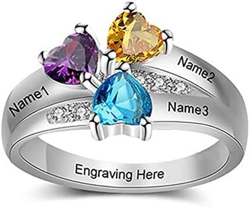 CEKAMA 925 Sterling Silver Rings Mothers Rings with 3 Birthstones Customized Heart Ring for Women Gold Plated in White Gold Mother Days Birthday Anniversary for Women Grandma Mom