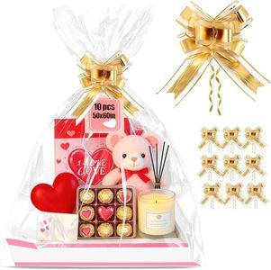 SOMIOCO 10pcs Extra Large Cellophane Bags 50x60in with 10pcs Large Gold Bows For Gift Baskets, Jumbo Big Clear Cellophane Wrap for Basket, OPP Plastic Basket Gift Bags for Christmas, Weddings, Bridal,Baby Showers