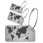 NAJ Luggage Tags 3 Pcs, Luggage Labels for Suitcase, Brushed Aluminum Alloy Travel Accessories with World Map Design Name ID Labels for Small & Large Suitcase, (World Map Pack-3) Silver