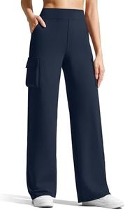 G4Free Wide Leg Cargo Pants for Women High Waist Yoga Pants with Pockets Soft Stretch Athleisure Relaxed Casual Comfy Work Trousers (Dark Navy,S,Petite)