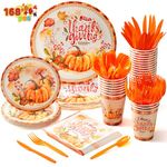 JOYIN 168 Pcs Thanksgiving Disposable Paper Plates, Dinnerware Set Includes 24 Dinner Plates 24 Dessert Plates 24 Napkins 24 Cups 24 Knife 24 Fork and 24 Spoon for Thanksgiving Party Fall Harvest