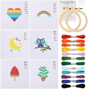 Pllieay Cross Stitch Beginner Kit for Kids 7-13, Includes 6pcs Project Cross Stitch Pattern and 2pcs Hoops, 12 Skeins, Needle Point Starter Kit Sewing Set with Instructions