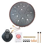 BQKOZFIN 14 Inch Steel Tongue Drum 15 Notes Hand Drum Percussion Instrument Tank Drum Set with Drum Mallets, Mallet stand, Carry Bag, Tutorial Book, Note Stickers, Finger Cots (Black)