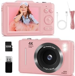 Digital Point and Shoot Camera, 4K 48MP Kids Camera for Pictures with 32GB Card, Card Reader, Lanyard, 16X Zoom Anti Shake, Portable YouTube Compact Vintage Camera Gift for Teens Kids Boys Girls(Pink)