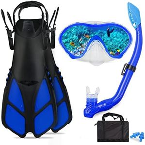 AosDero Kids Snorkeling Set with Flippers Panoramic Snorkel Mask Dry Top Snorkel Earplugs Gear Bag,Snorkeling Gear for Kids,Youth,Boys and Girls Age 5-12