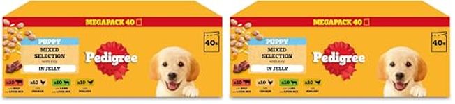 PEDIGREE Puppy Dog Food Pouches Chunks in Jelly, 40 x 100g Multipack, Four Flavours (with beef & Liver, Chicken, Lamb & Liver and Poultry) (Pack of 2)